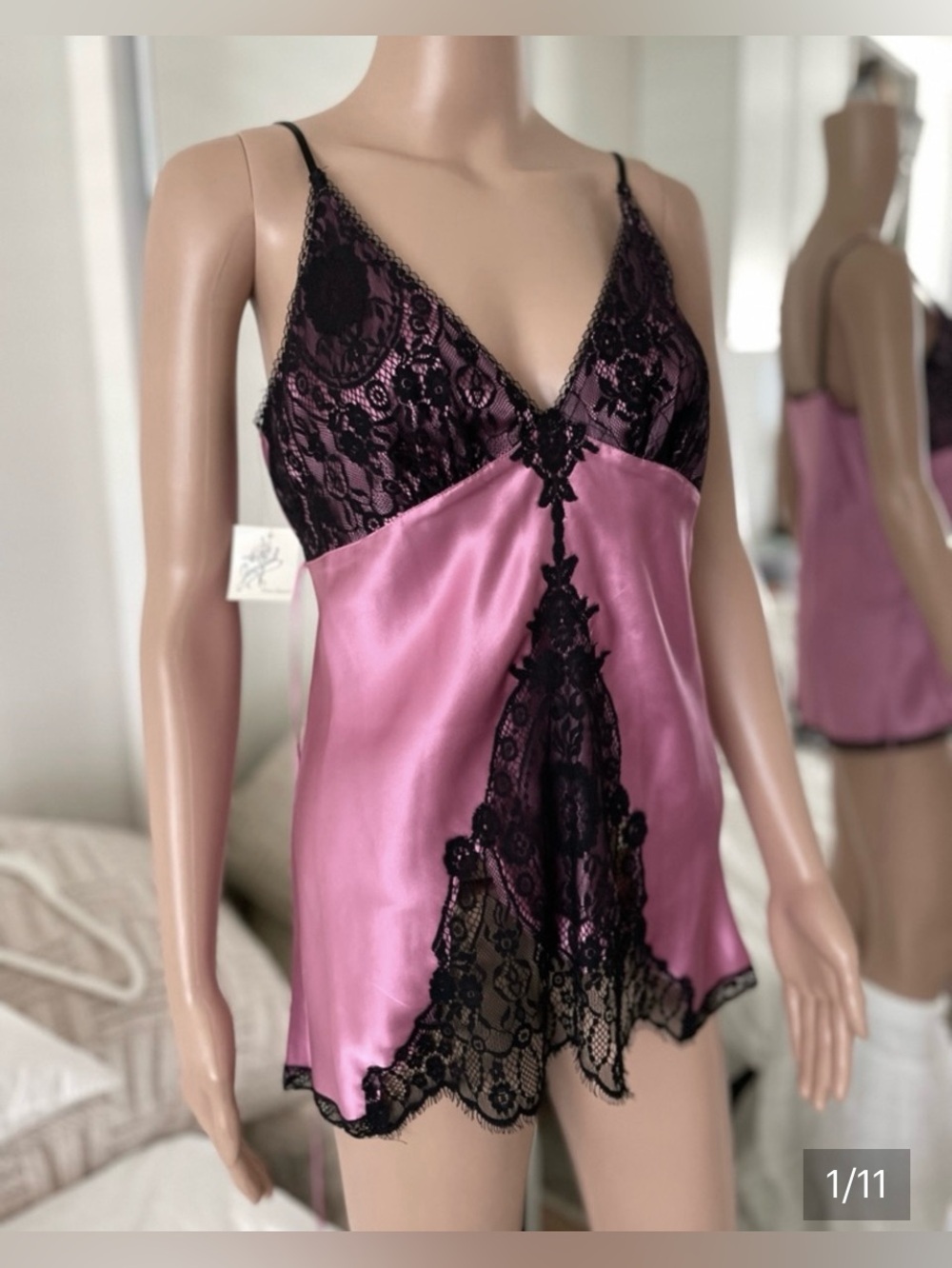 VTG JONQUIL Silk Lace Cami Top Size L Y2K‎ Babydoll Tunic Pink Black 2000s